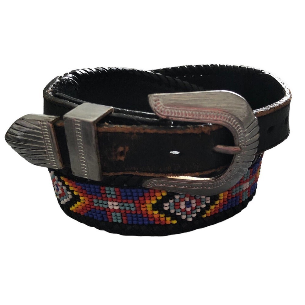 L.L. Bean Beaded Black Leather Belt With Silver Tone Buckle and Tip Size 28